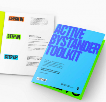 The cover and the inside of the 'Active Bystander Toolkit'.