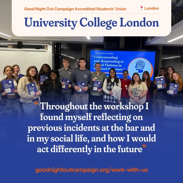 We kicked off this term with a series of training sessions with UCL’s Students’ Union 🎓 Each workshop took a thorough look at the realities of spiking, sexual harassment, and the methods that student staff can use to support safer nightlife. Having worked with nearly 100 members of @studentsunionucl across 4 sessions, it was great to consistently see how engaged participants were when it came to ways they could look out for their peers while working across UCL’s nightlife spaces. 🧡

[Image descriptions in alt text]