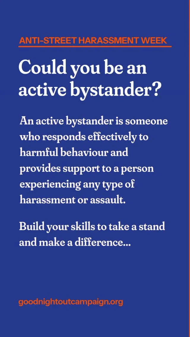 For Anti-Street Harassment Week, we’re sharing our free Active Bystander Guide: featuring practical advice for safely intervening if you see someone being harassed. Download at the link in bio 🔗🧡
